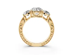 Round Cut Diamond Three-Stone Engagement Ring Set in Yellow gold with Milgrain Pavé Band