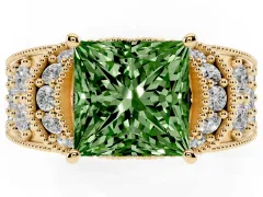 Fancy Green Princess Cut Diamond Milgrain Halo Pavé Engagement Ring Set in Yellow gold with Prong Setting