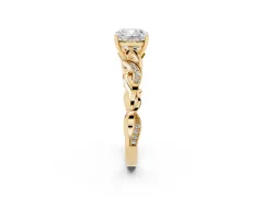Cushion Cut Diamond Vine Band Solitaire Ring Set in Yellow gold with Milgrain Prong Setting