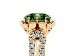 Fancy Green Asscher Cut Diamond Floral Halo Split Shank Engagement Ring Set in Yellow gold with Pavé Shank