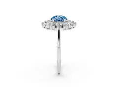 Fancy Blue Round Cut Diamond Floral Double Halo Ring Set in Platinum with Round Petals