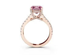 Fancy Pink Asscher Cut Diamond Solitaire Ring Set in Rose gold with Brilliant Pavé Band and Prong Setting
