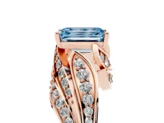 Fancy Blue Emerald Cut Diamond Solitaire Ring Set in Rose gold with Layered Twist Pavé Band
