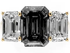 Fancy Black Emerald Cut Diamond Three-Stone Ring Set in Yellow gold with Plain Polished Band