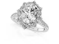 Oval Cut Diamond Halo Ring Set in Silver with Pavé Band and Prong Setting