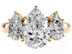 Pear Cut Diamond Three-Stone Ring Set in Yellow gold with Bold Center and Classic Band