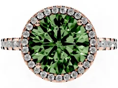 Fancy Green Round Cut Diamond Halo Ring Set in Rose gold with Pavé Shoulders and Halo-Framed Center