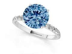 Fancy Blue Round Cut Diamond Solitaire Engagement Ring Set in White gold with Round Pavé Band and Prong Setting