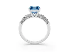 Fancy Blue Asscher Cut Diamond Pavé Band Solitaire Ring Set in Platinum with Close-Set Accent Stones and Prong Setting