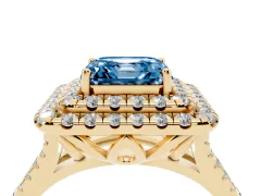 Fancy Blue Asscher Cut Diamond Double Halo Ring Set in Yellow gold with Pavé Split Shank and Prong Setting
