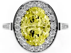 Fancy Yellow Oval Cut Diamond Halo Ring Set in Platinum with Accent-Lined Split Shank and Prong Setting