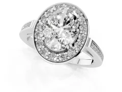 Oval Cut Diamond Halo Ring Set in Platinum with Accent-Lined Split Shank and Prong Setting