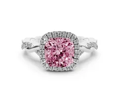 Fancy Pink Cushion Cut Diamond Halo Twist Band Solitaire Ring Set in White gold with Prong Setting
