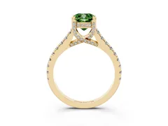 Fancy Green Cushion Cut Diamond Solitaire Ring Set in Yellow gold with Brilliant Pavé Band and Prong Setting