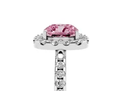 Fancy Pink Cushion Cut Diamond Pavé Halo Ring Set in Platinum with Prong Setting