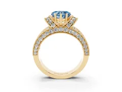 Fancy Blue Heart Cut Diamond Milgrain Halo Pavé Engagement Ring Set in Yellow gold with Prong Setting