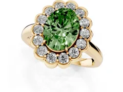 Fancy Green Oval Cut Diamond Halo Cluster Engagement Ring Set in Yellow gold with Solitaire Band and Prong Setting