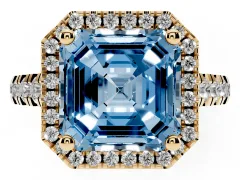 Fancy Blue Asscher Cut Diamond Halo Engagement Ring Set in Yellow gold with Pavé Band and Prong-Set Center