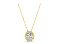 Round Diamond Halo Pendant Set in Yellow gold with Four-Prong Center