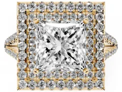 Princess Cut Diamond Double Halo Ring Set in Yellow gold with Pavé Band