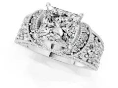 Princess Cut Diamond Milgrain Halo Pavé Engagement Ring Set in White gold with Prong Setting
