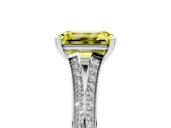 Fancy Yellow Emerald Cut Diamond Split Shank Pavé Engagement Ring Set in Platinum with Prong-Set Center Stone