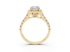 Cushion Cut Diamond Halo Engagement Ring Set in Yellow gold with Pavé Band and Prong-Set Center