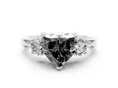 Fancy Black Heart Cut Diamond Three-Stone Ring Set in White gold with Pavé Band and Smaller Side Stones