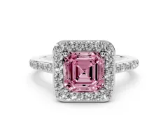 Fancy Pink Asscher Cut Diamond Halo Engagement Ring Set in Platinum with Round Pavé Shoulders and Heart Gallery