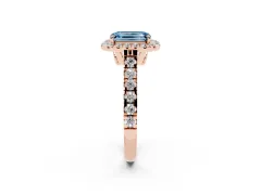 Fancy Blue Emerald Cut Diamond Halo Engagement Ring Set in Rose gold with Pavé Band and Prong-Set Center