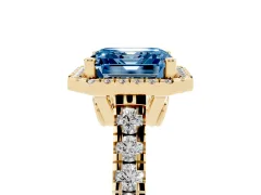 Fancy Blue Asscher Cut Diamond Halo Engagement Ring Set in Yellow gold with Pavé Band and Prong-Set Center