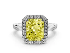 Fancy Yellow Radiant Cut Diamond Halo Twist Band Solitaire Ring Set in Silver with Prong Setting