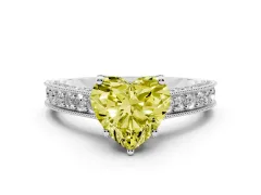 Fancy Yellow Heart Cut Diamond Solitaire Ring Set in Platinum with Milgrain-Edged Pavé Band and Prong Setting