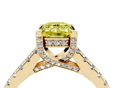 Fancy Yellow Emerald Cut Diamond Solitaire Ring Set in Yellow gold with Brilliant Pavé Band and Prong Setting