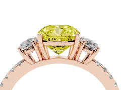 Fancy Yellow Cushion Cut Diamond Three-Stone Ring Set in Rose gold with Pavé Band and Graduated Sides