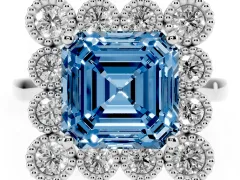 Fancy Blue Asscher Cut Diamond Cluster Halo Ring Set in Platinum with Milgrain Bezel Accents and Plain Band