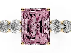 Fancy Pink Radiant Cut Diamond Five-Stone Prong Set Band Ring Set in Yellow gold with Polished Band