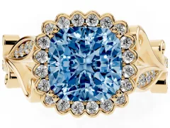 Fancy Blue Cushion Cut Diamond Halo Ring Set in Yellow gold with Leaf Motif Split Shank and Prong Setting