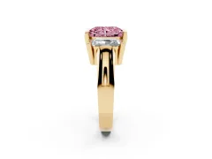 Fancy Pink Radiant Cut Diamond Three-Stone Channel Set Ring Set in Yellow gold with Smooth Polished Band