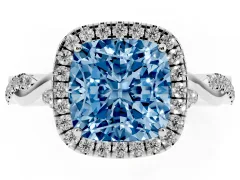 Fancy Blue Cushion Cut Diamond Halo Twist Band Solitaire Ring Set in White gold with Prong Setting