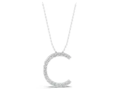Round Diamond Pavé Letter C Pendant Necklace Set in Silver with Prong-Set Stones