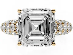 Asscher Cut Diamond Pavé Band Solitaire Ring Set in Yellow gold with Close-Set Accent Stones and Prong Setting