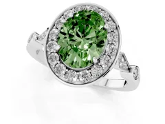 Fancy Green Oval Cut Diamond Halo Engagement Ring Set in White gold with Twisted Band and Prong Setting