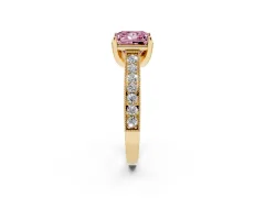 Fancy Pink Princess Cut Diamond Solitaire Ring Set in Yellow gold with Milgrain-Edged Pavé Band and Prong Setting