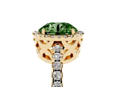 Fancy Green Round Cut Diamond Halo Ring Set in Yellow gold with Pavé Shoulders and Halo-Framed Center
