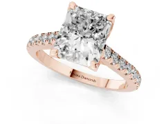 Radiant Cut Diamond Solitaire Ring Set in Rose gold with Brilliant Pavé Band and Prong Setting