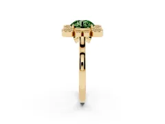 Fancy Green Round Cut Diamond Cluster Halo Ring Set in Yellow gold with Milgrain Bezel Accents and Plain Band