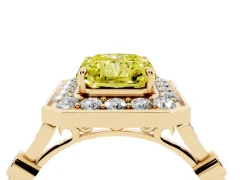 Fancy Yellow Radiant Cut Diamond Halo Engagement Ring Set in Yellow gold with Twisted Band and Prong Setting