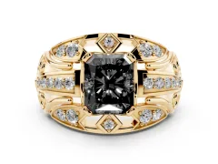 Fancy Black Radiant Cut Diamond Art Deco Ring Set in Yellow gold with Pavé Split Shank