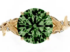 Fancy Green Round Cut Diamond Solitaire Ring Set in Yellow gold with Leaf Motif Band